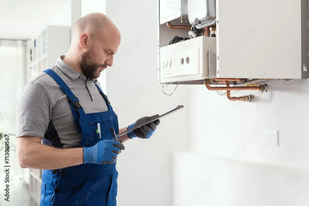 Gas Safe engineer inspecting a domestic boiler during a service or repair