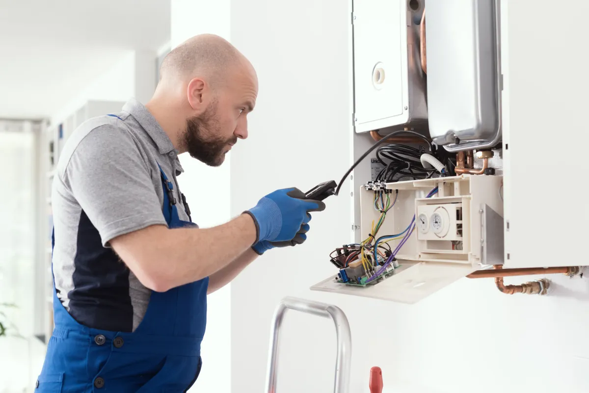 Gas Safe engineer diagnosing a fault or servicing a boiler